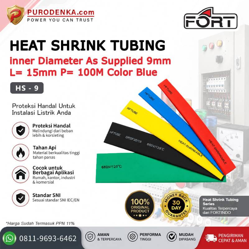 FORT Heat Shrink Tubing 1kV Biru Dia. 9 mm L. 15 mm @100 meter HS-9