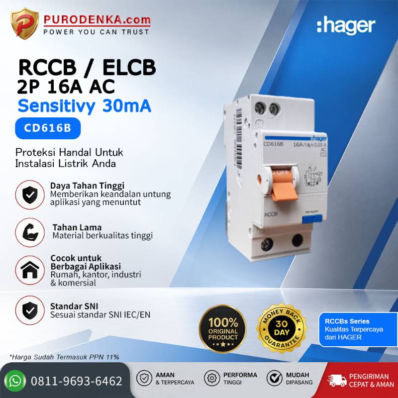 HAGER RCCB/ELCB 2P 16A AC 30mA CD616B