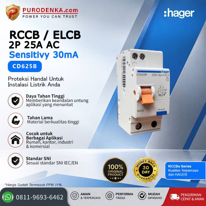 HAGER RCCB/ELCB 2P 25A AC 30mA CD625B