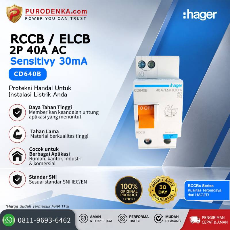 HAGER RCCB/ELCB 2P 40A AC 30mA CD640B