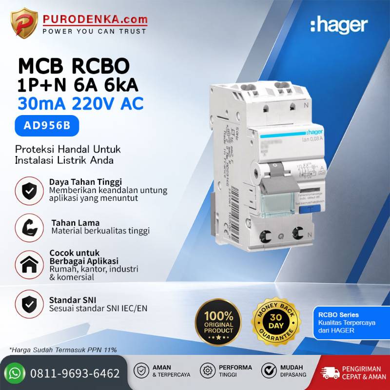 HAGER MCB RCBO 1P+N 6A 6kA 30mA 220VAC AD956B