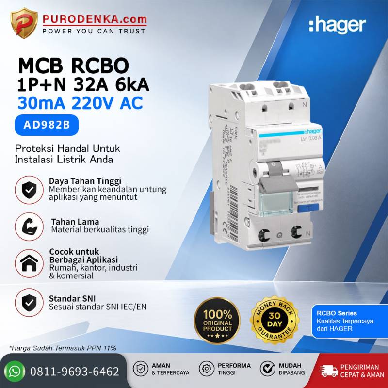 HAGER MCB RCBO 1P+N 32A 6kA 30mA 220VAC AD982B