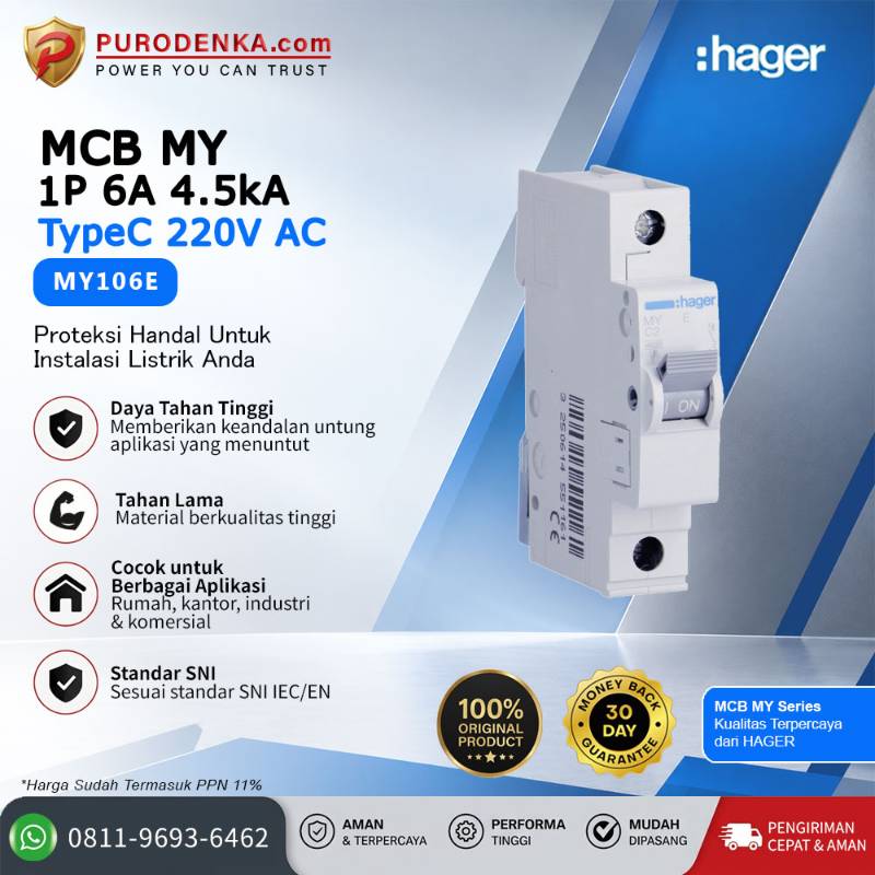 HAGER MCB MY 1P 6A 220VAC 4.5kA Type C MY106E