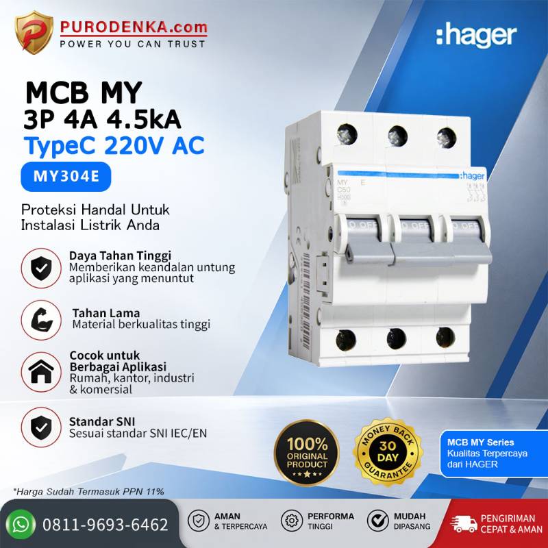 HAGER MCB MY 3P 4A 220VAC 4.5kA Type C MY304E