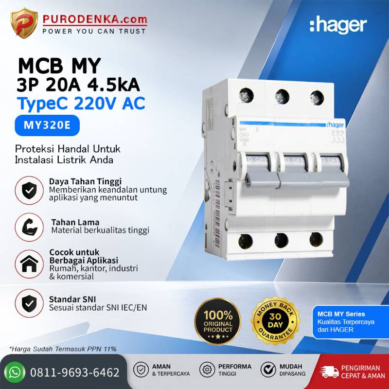 HAGER MCB MY 3P 20A 220VAC 4.5kA Type C MY320E