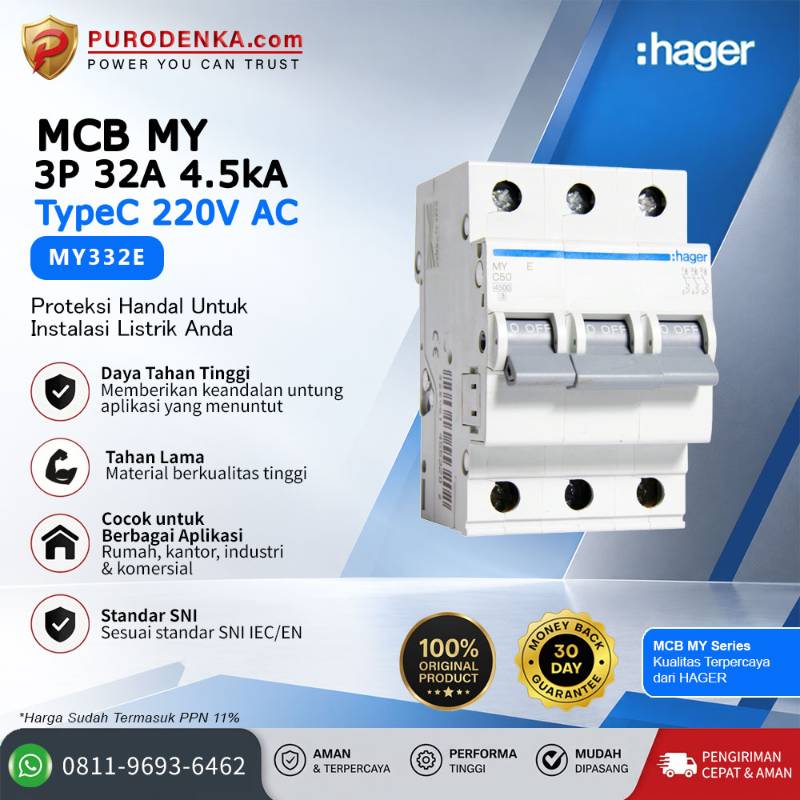 HAGER MCB MY 3P 32A 220VAC 4.5kA Type C MY332E