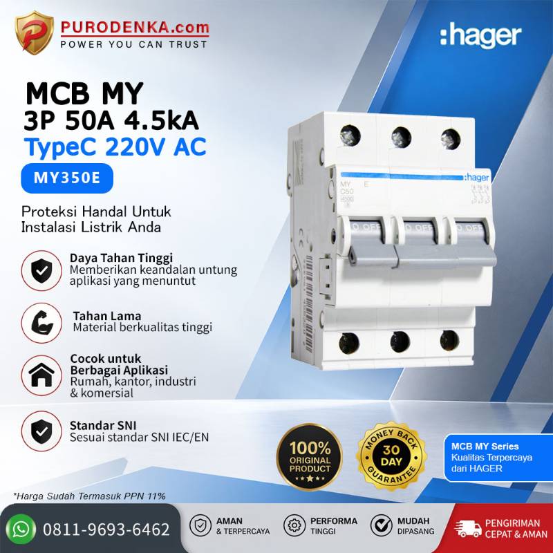 HAGER MCB MY 3P 50A 220VAC 4.5kA Type C MY350E
