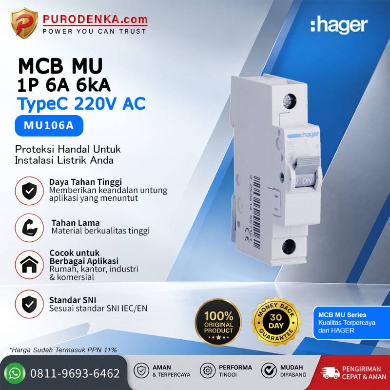 HAGER MCB MU 1P 6A 220VAC 6kA Type C MU106A