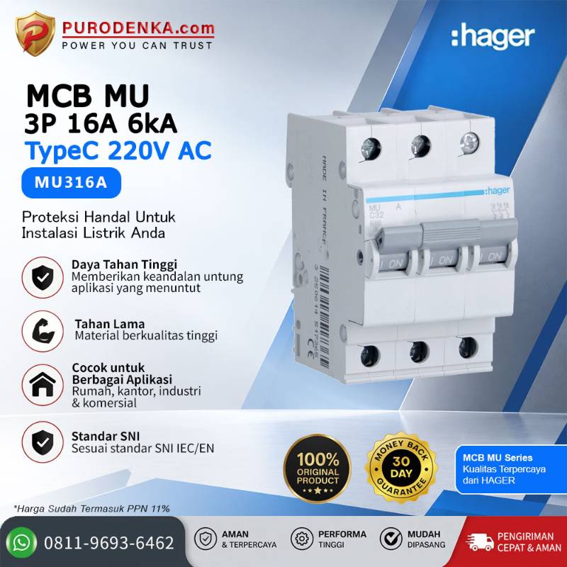 HAGER MCB MU 3P 16A 220VAC 6kA Type C MU316A