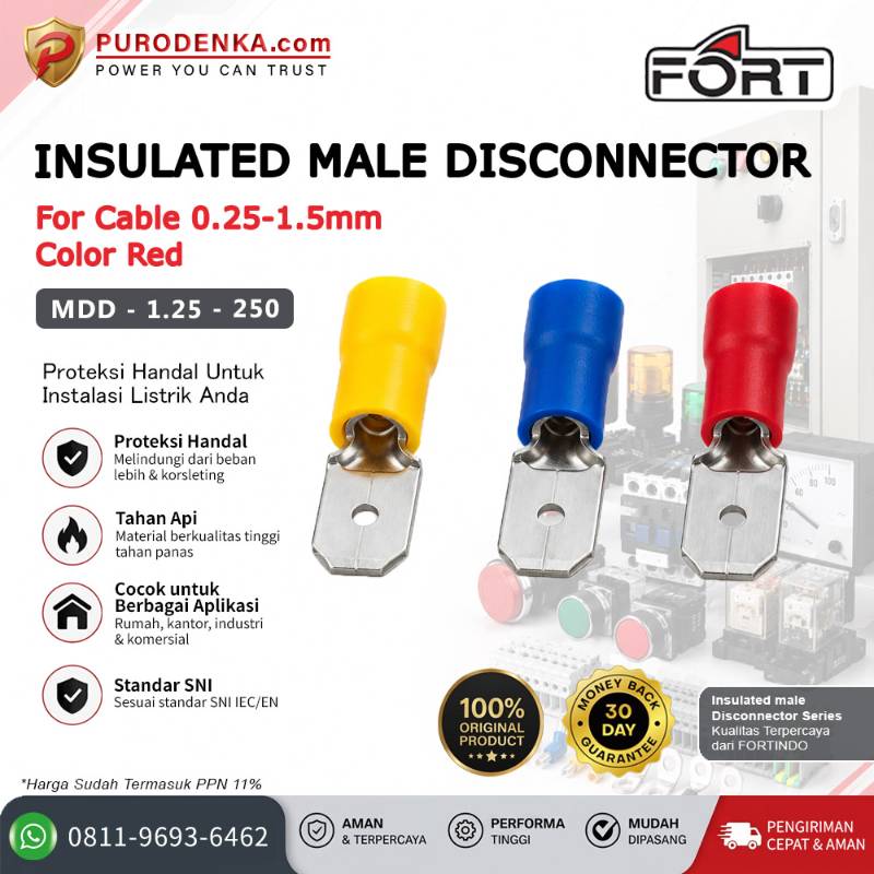 FORT Skun Kabel Insulated Male Disconnector 0.25-1.5 mm Merah MDD-1.25-250