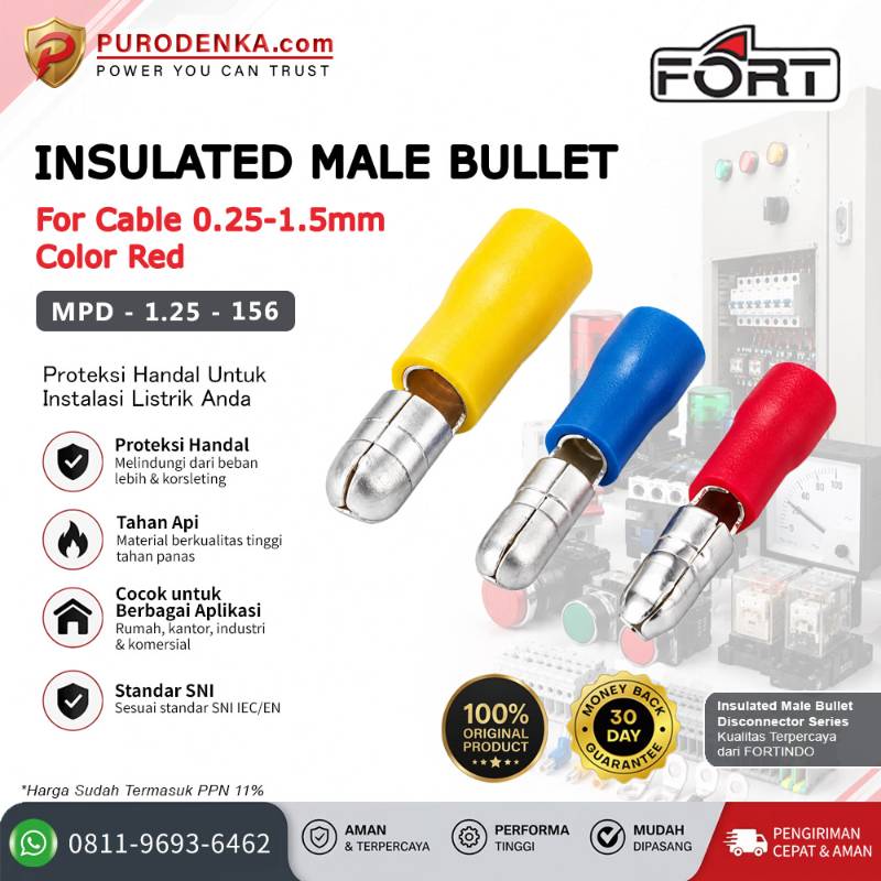 FORT Skun Kabel Insulated Male Bullet Disconnector 0.25-1.5 mm Merah MPD-1.25-156