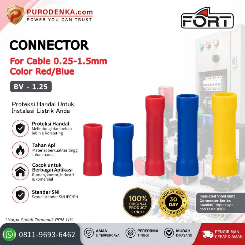 FORT Skun Kabel Insulated Vinyl Butt Connector 0.25-1.5 mm Merah BV-1.25