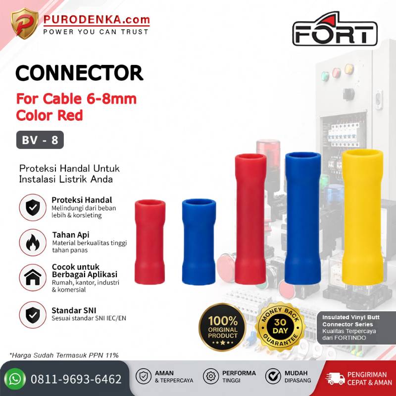 FORT Skun Kabel Insulated Vinyl Butt Connector 6-8 mm Merah BV-8