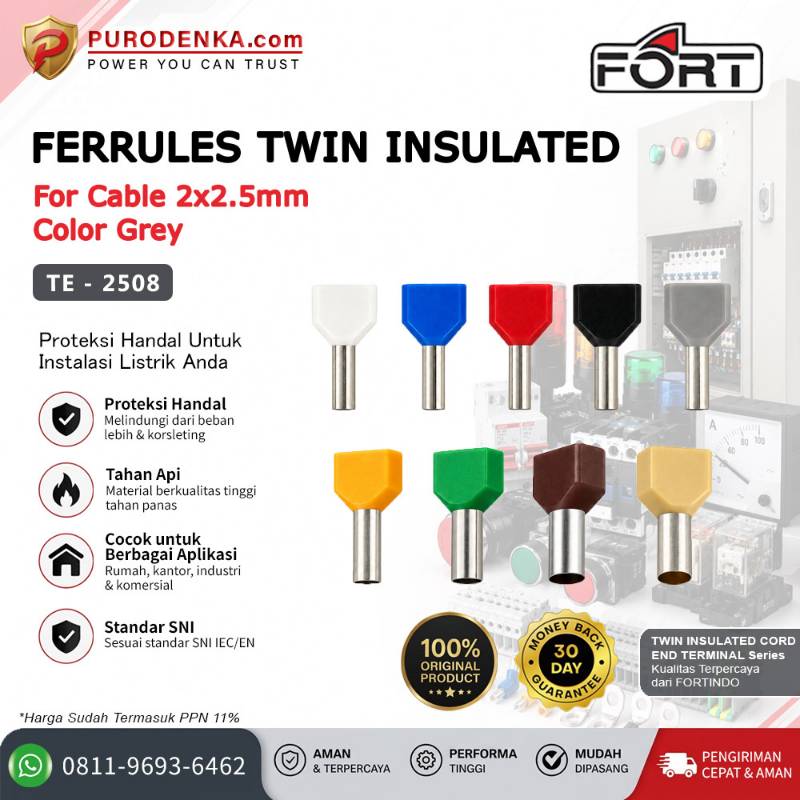 FORT Skun Ferrules 2 Kabel / Twin Insulated Cord End Terminal 2x2.5 mm Grey TE2510