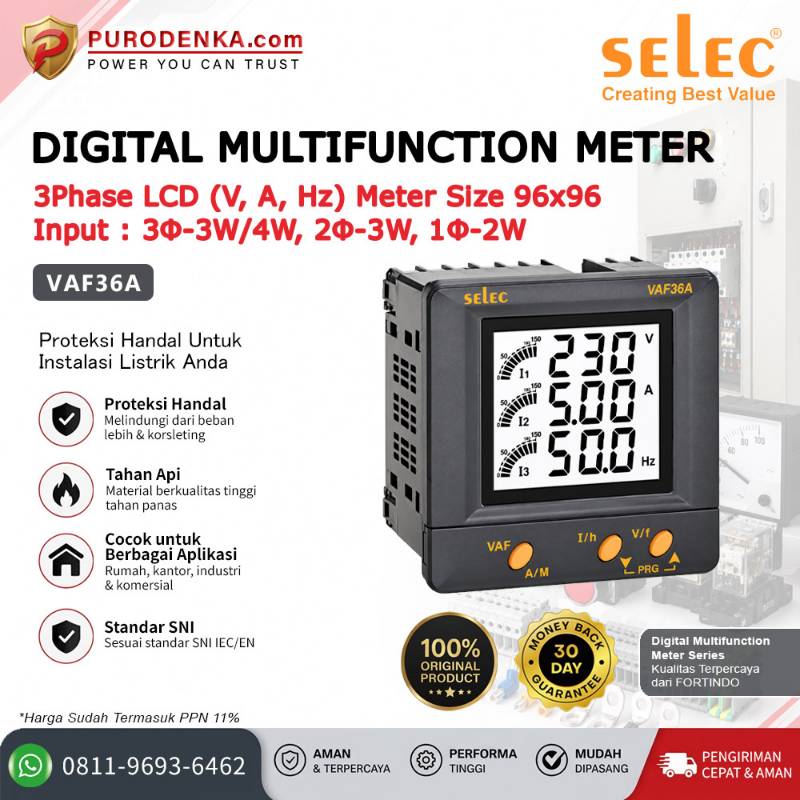 SELEC Digital Multifunction Meter 3 Phase LCD (V-A-Hz) Meter 96x96 VAF36A