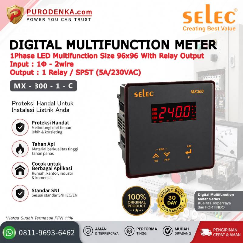 SELEC Digital Multifunction Meter 1 Phase LED with Relay Output 96x96 MX-300-1-C