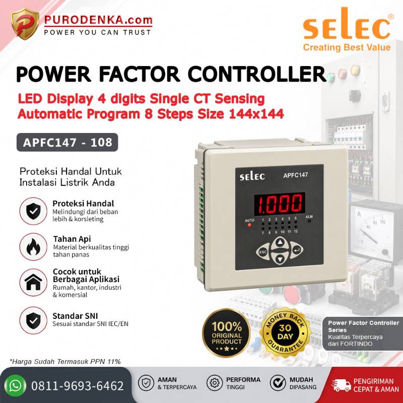SELEC Power Factor Controller LED Display 4 Digits 8 Steps 144x144 APFC147-108