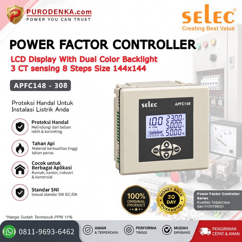 SELEC Power Factor Controller LCD Display 8 Steps 144x144 APFC148-308