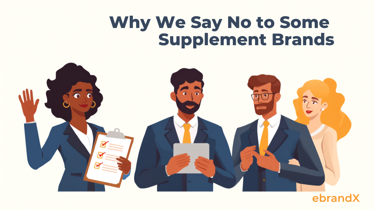 Illustrated header graphic with bold text reading Why We Say No to Some Supplement Brands, showing four animated avatar characters, one raising a hand in a stop gesture and another holding a checklist clipboard