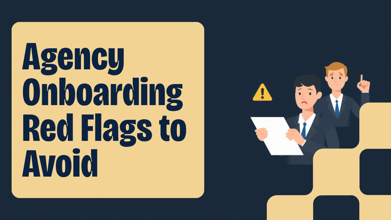 Illustrated header graphic with bold text reading Agency Onboarding Red Flags to Avoid, showing two animated avatar characters reviewing a contract with a warning caution icon