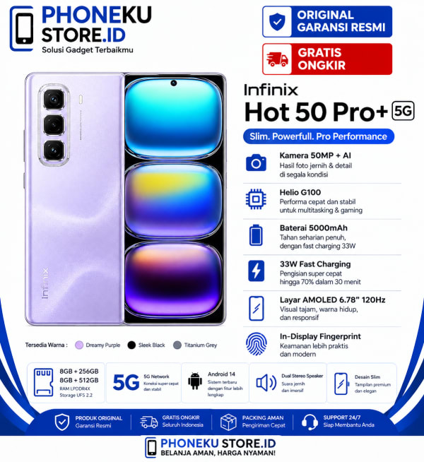 HP Infinix Note/HOT 50 PRO Plus 8/256GB Helio G100 6.78 inch 3D 5200 mAh Murah RAM Besar Tanpa DP Terbaru 2026