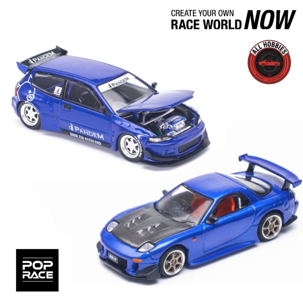 2 pcs Pop Race Civic Pandem Blue & Rx7 Re Amemiya blue loose 1:64 loose Diecast