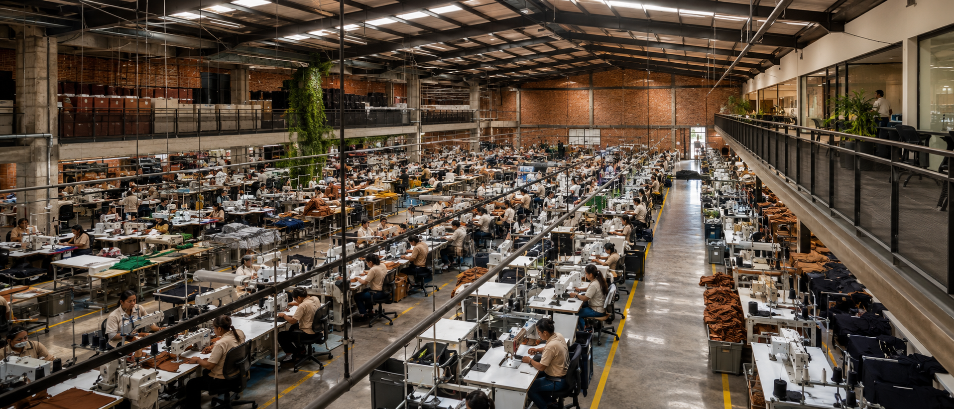 Manos experimentadas cosiendo detalle de prenda deportiva en máquina industrial