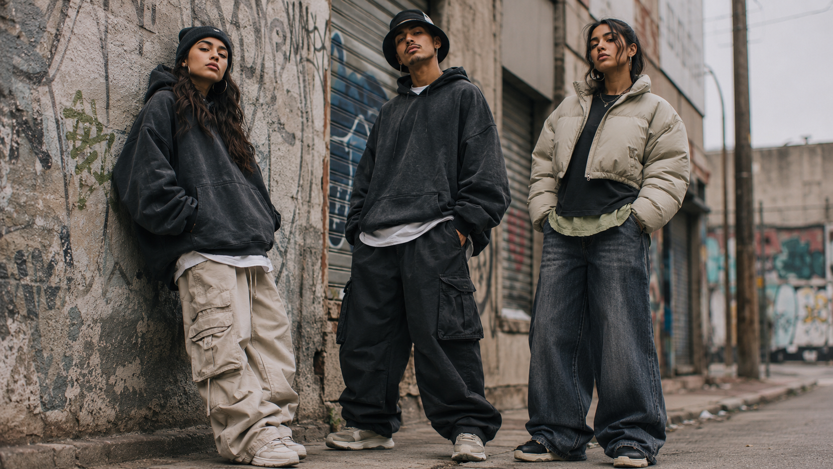 Grupo de modelos con streetwear urbano oversized