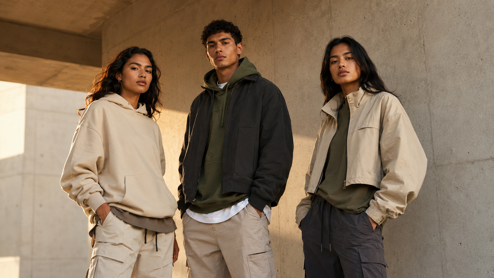 Grupo de modelos con athleisure y loungewear en tonos crema y negro