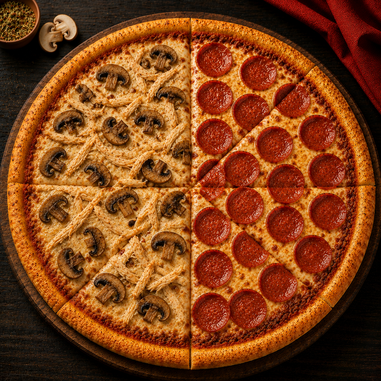 Pizza Pollo y Champiñones y Pepperoni