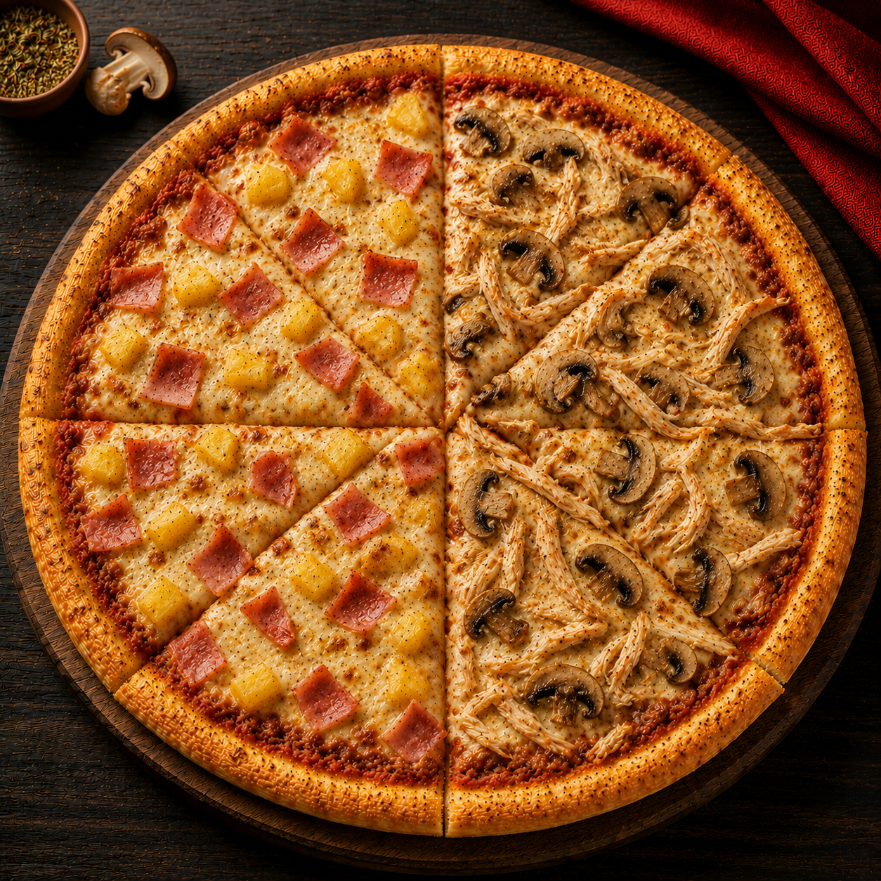 Pizza Hawaiana y Pollo y Champiñones