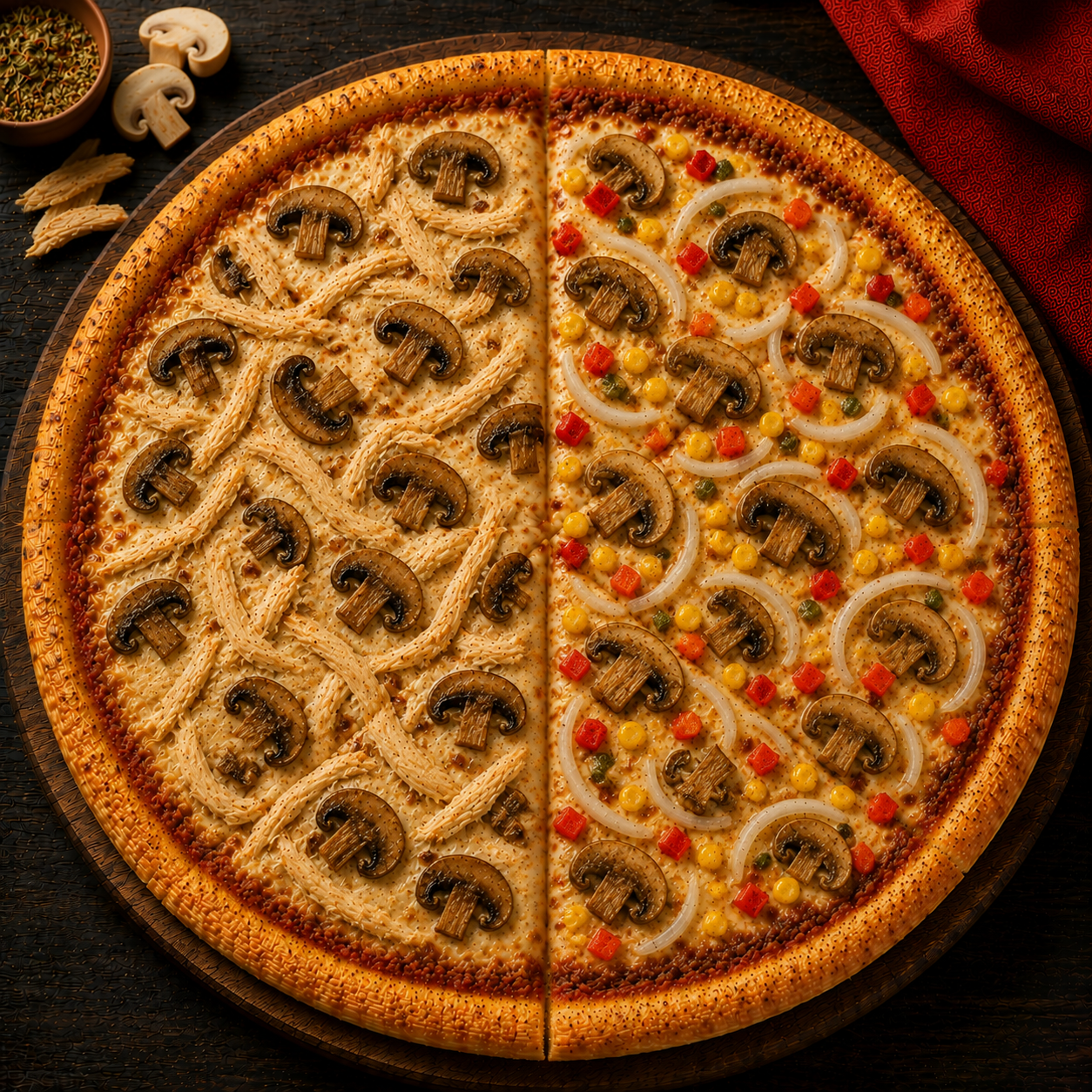 Pizza Pollo y Champiñones y Vegetariana