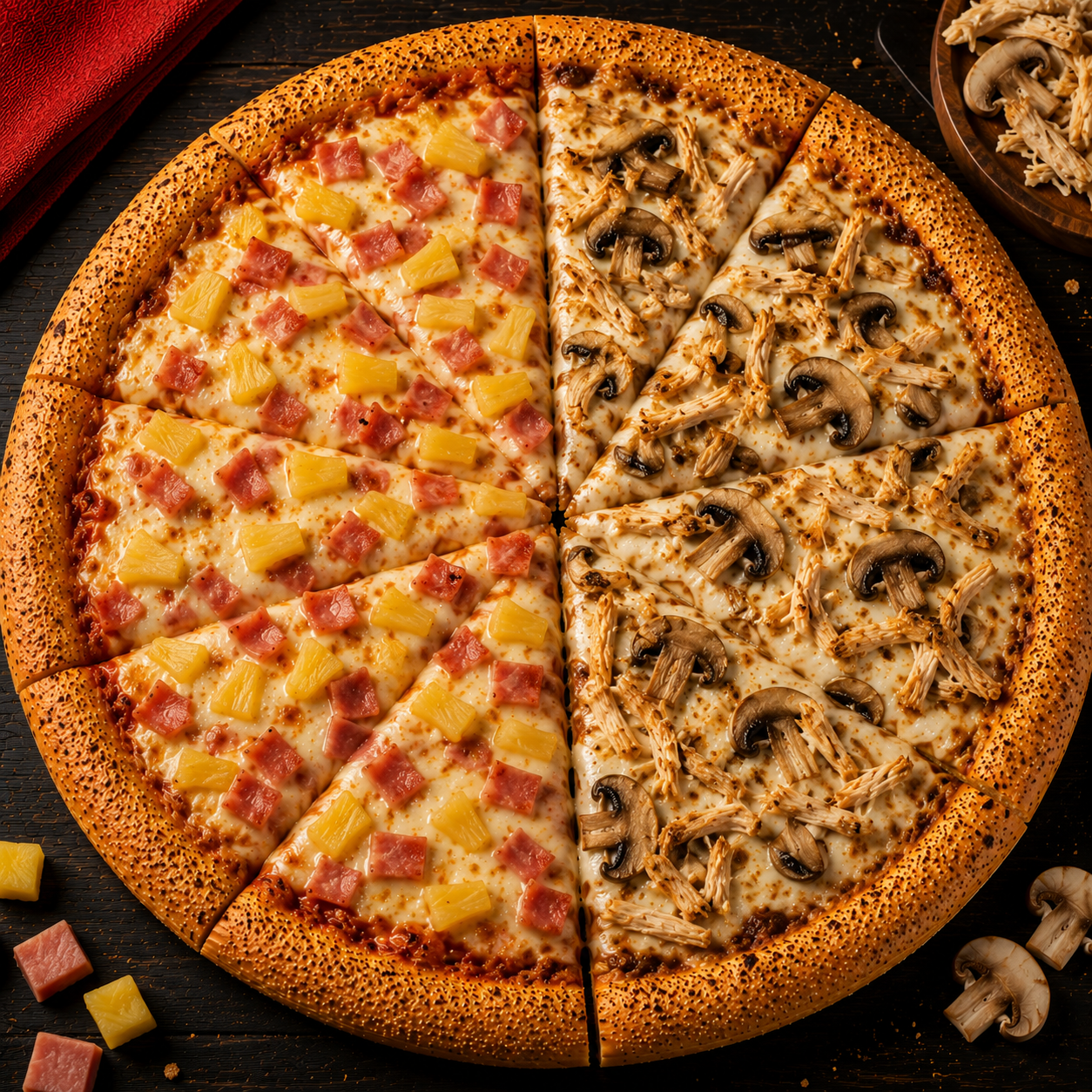 Pizza Grande Hawaiana y Pollo y Champiñones