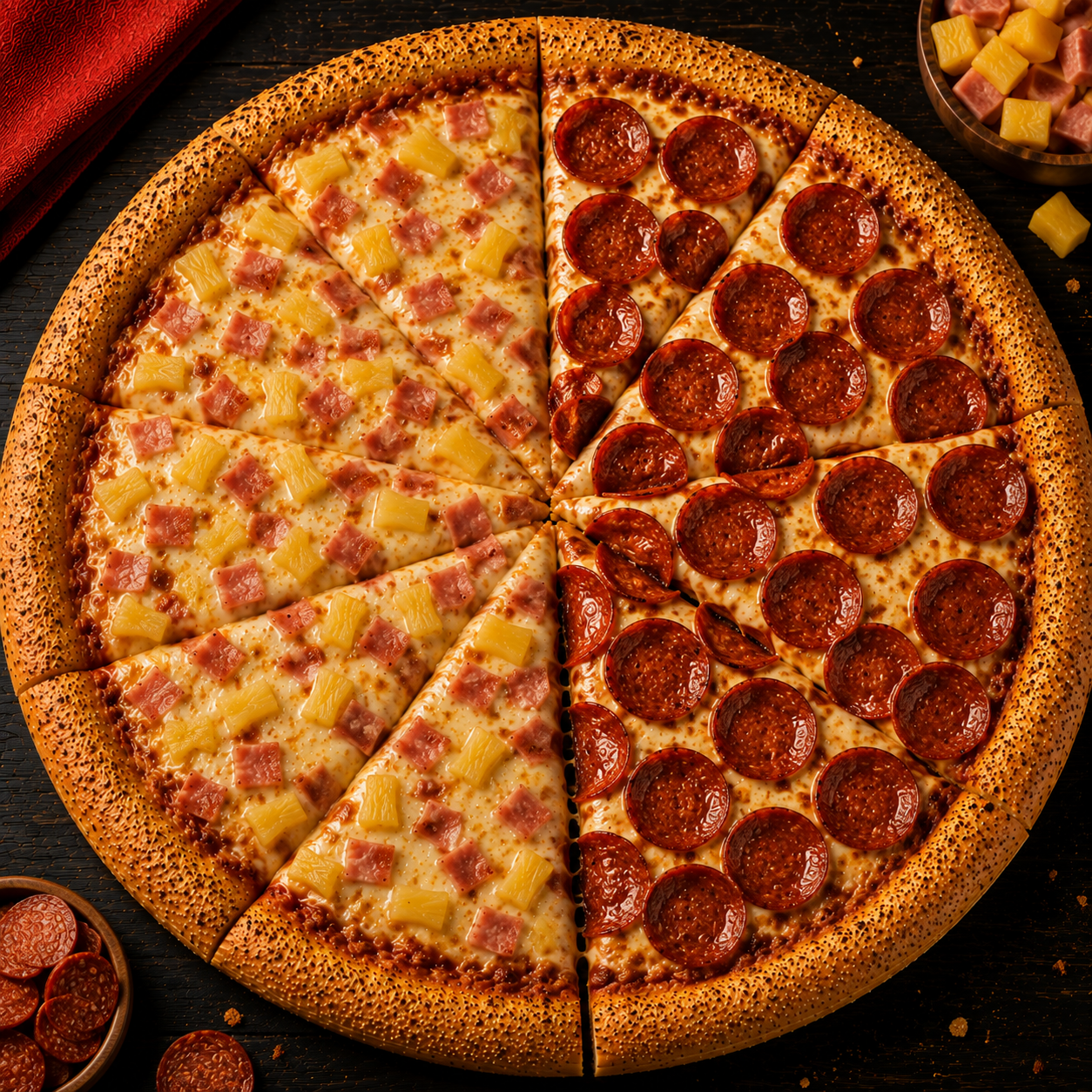 Pizza Grande Hawaiana y Pepperoni