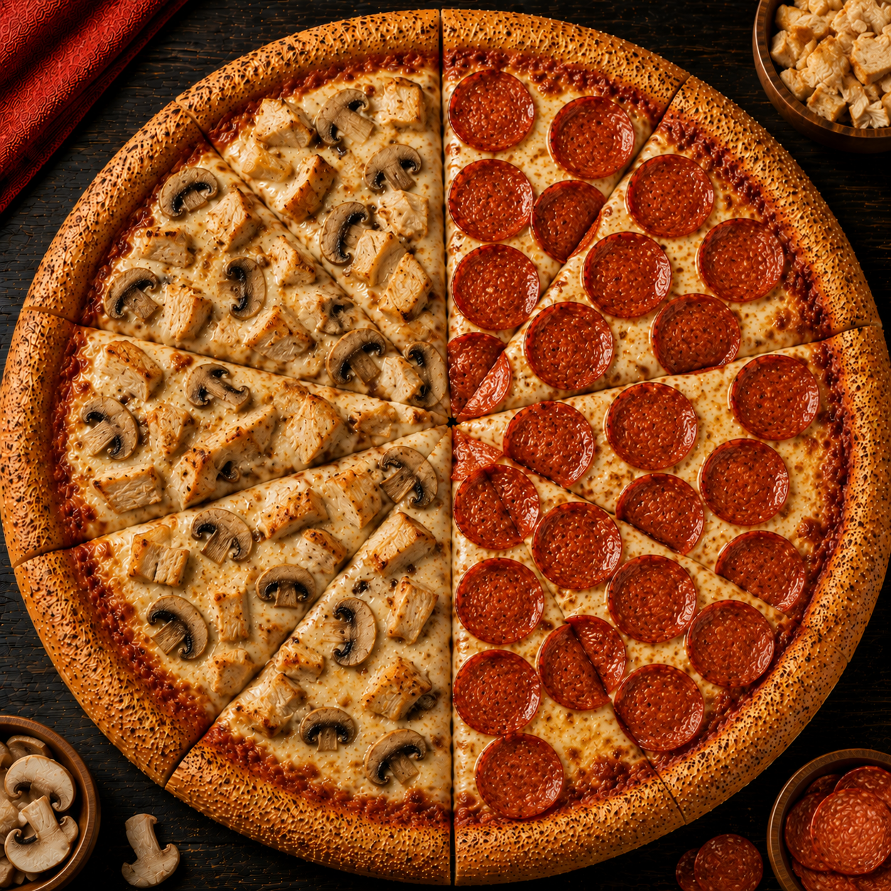 Pizza Grande Pollo y Champiñones y Pepperoni