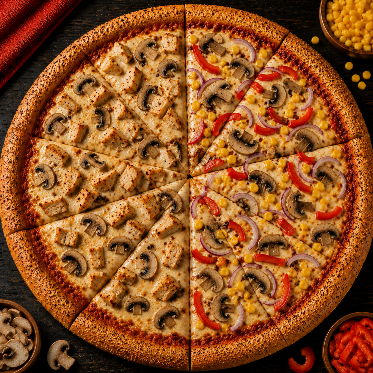 Pizza Grande Pollo y Champiñones y Vegetariana
