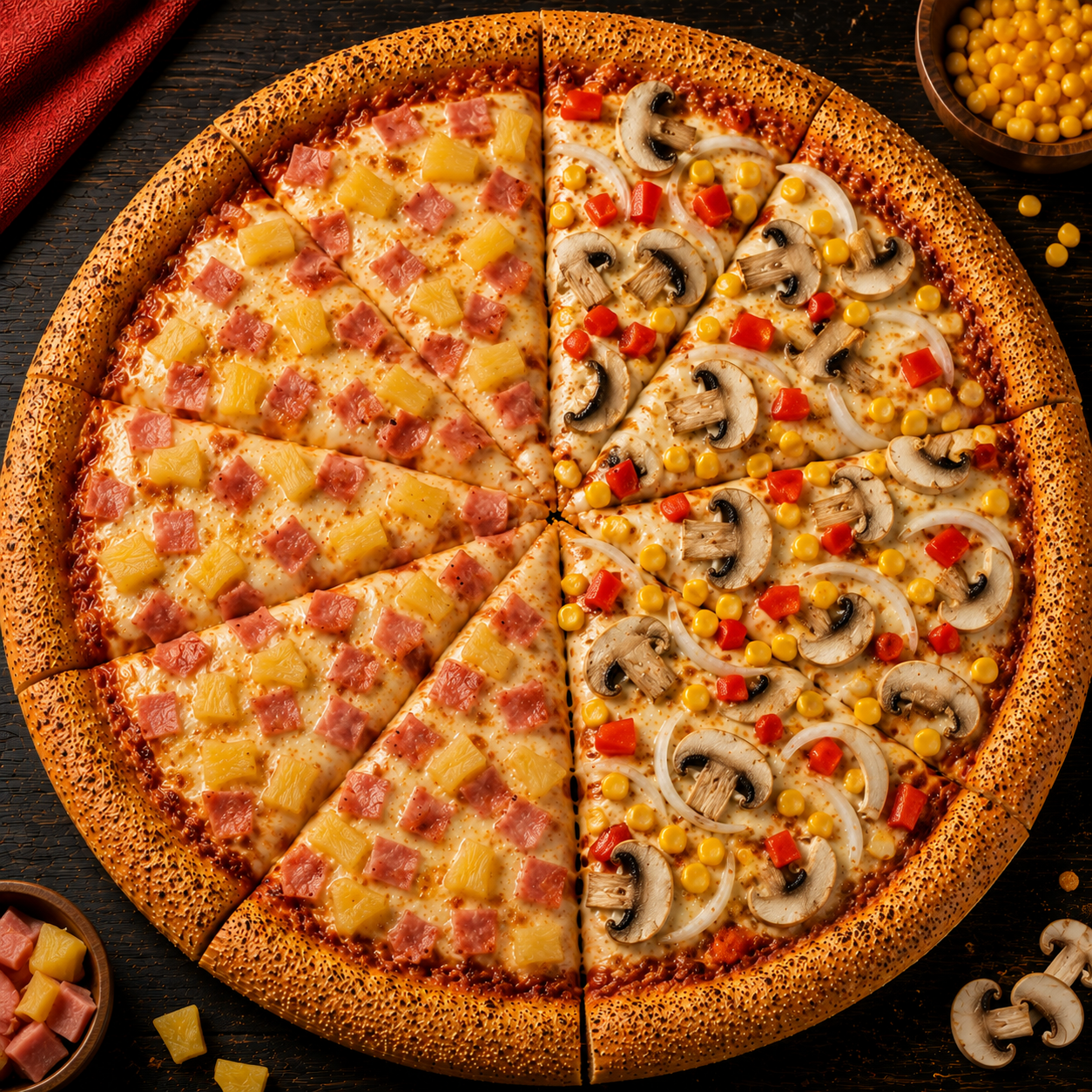 Pizza Grande Hawaiana y Vegetariana