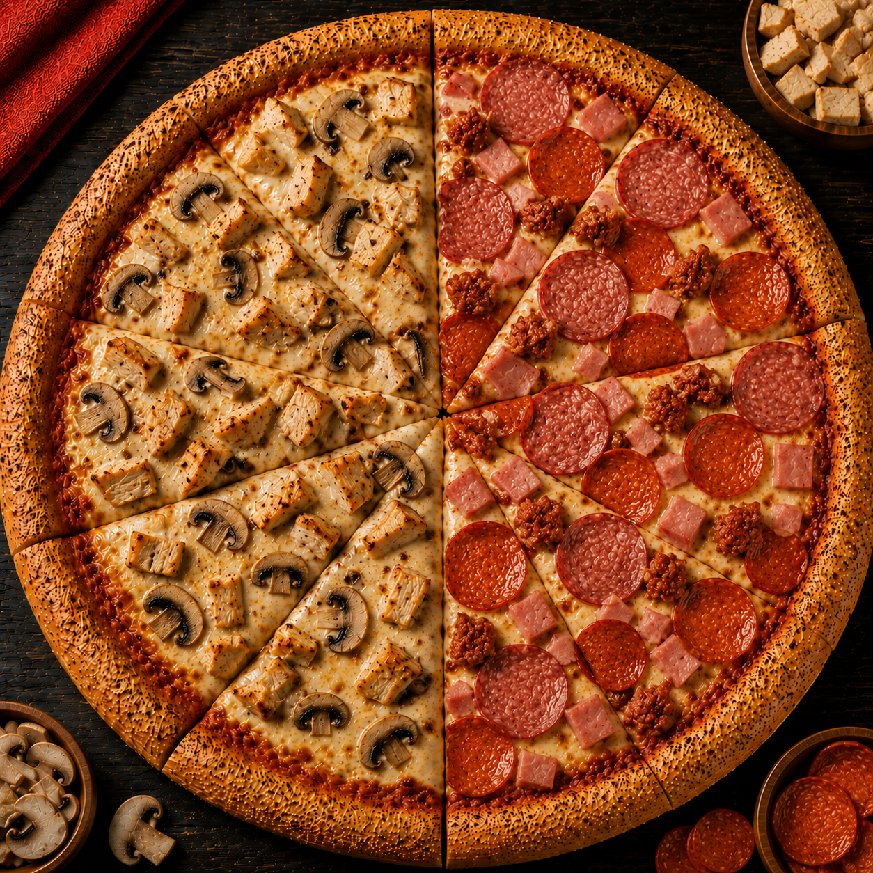 Pizza Grande Pollo y Champiñones y Carnes