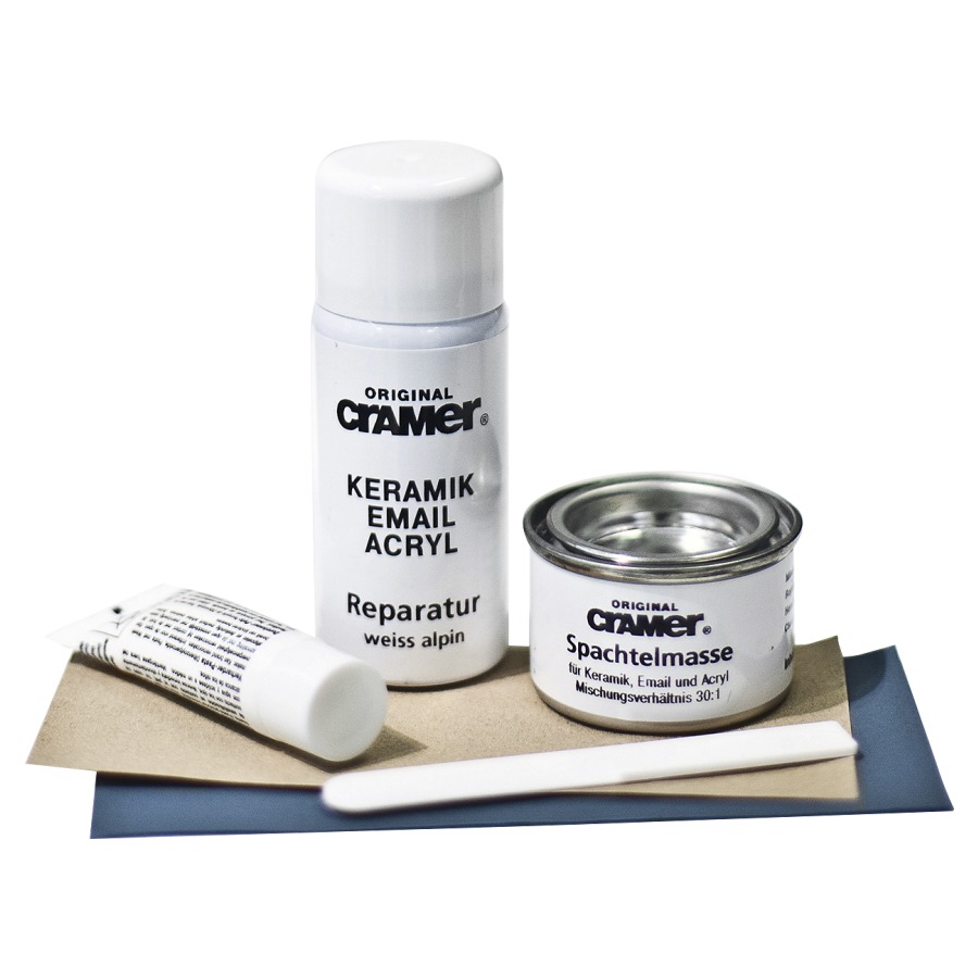 Confezione CRAMER per ceramica, smalto, acrilico composto da spray di riparazione, mastice indurimento, spatola, carta smerigilo bianco