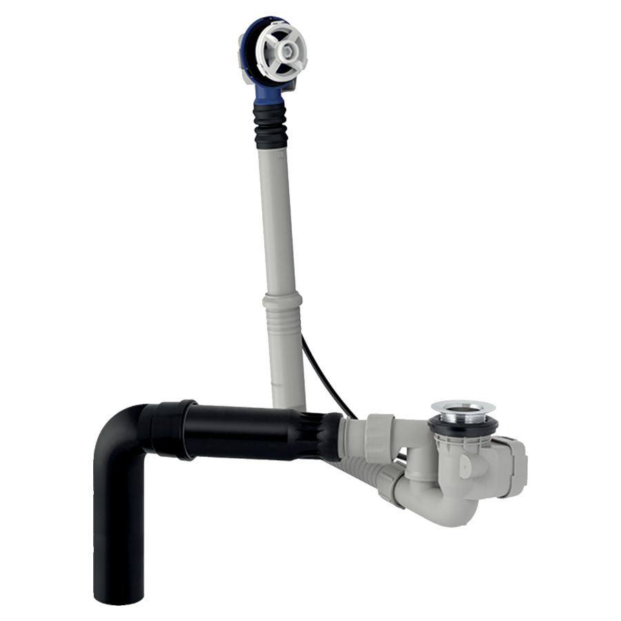 Guarnitura di scarico GEBERIT con azionamento a rotazione d52, lunghezza 28 cm, con manicotto d'innesto con snodo sferico, principio dei vasi comunicanti, 56 mm senza colore
