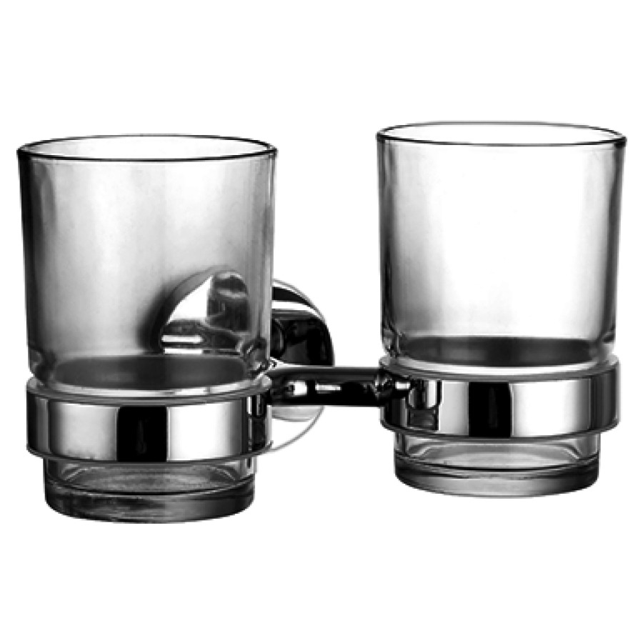 Portabicchiere doppio Procasa Uno, 2 bicchieri in vetro trasparente, con anello di insonorizzazione per incollare o trapanatura senza set di fissaggio per incollare 591 496 497 cromato