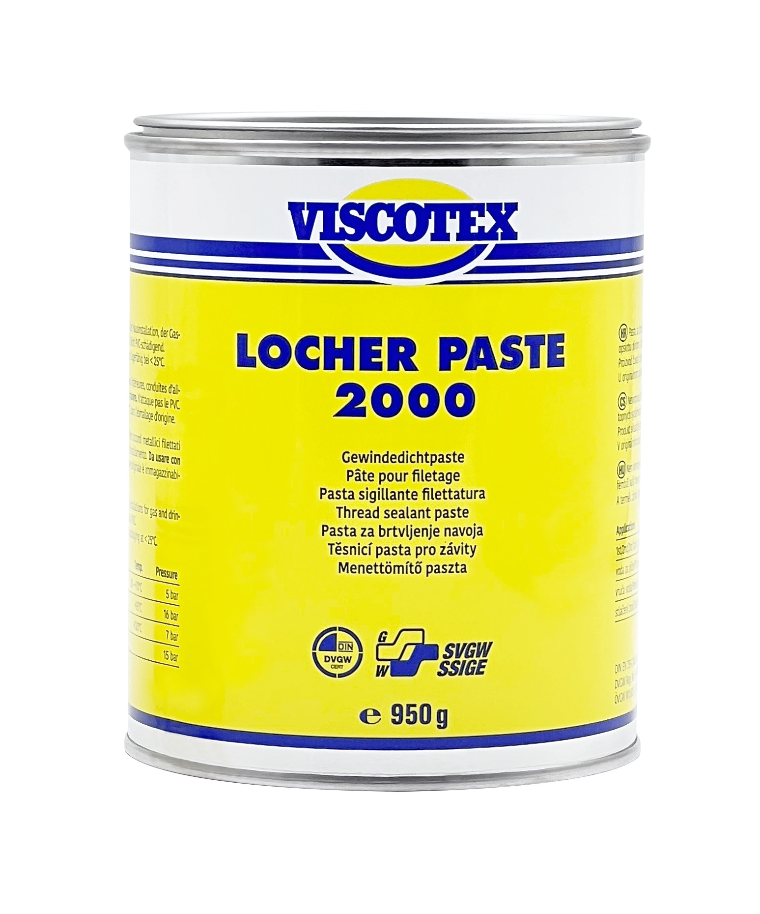 Mastic pour pas de vis LOCHER, boîte de 950 grammes

Locher Paste 2000
Pâte d’étanchéité non durcissante pour raccords filetés métalliques de l’installation domestique, 
de la fourniture de gaz et d’eau potable, ainsi que pour les systèmes de chauffage.

Domaines d’utilisation / Températures
Gaz –20°C à +70°C, 5 bar
Eau potable froide et chaude +85°C, 16 bar
Eau chaude +130°C, 7 bar
Air comprimé jusqu’à 15 bar
Facile à appliquer jusqu’à –30°C

Instructions d’utilisation
À utiliser avec un support d’étanchéité (par exemple, 
ficelle de chanvre). Non adapté pour les gaz liquéfiés.

Contrôles
DIN EN 751-2, classe ARp | DIN EN 30660

Contenu
Tube 50 g | Tube 250 g | Conserve 450 g
Conserve 950 g, autres conditionnements sur demande

Stockage
Température de stockage idéale +5°C à +25°C, 
conserver dans un endroit sec
