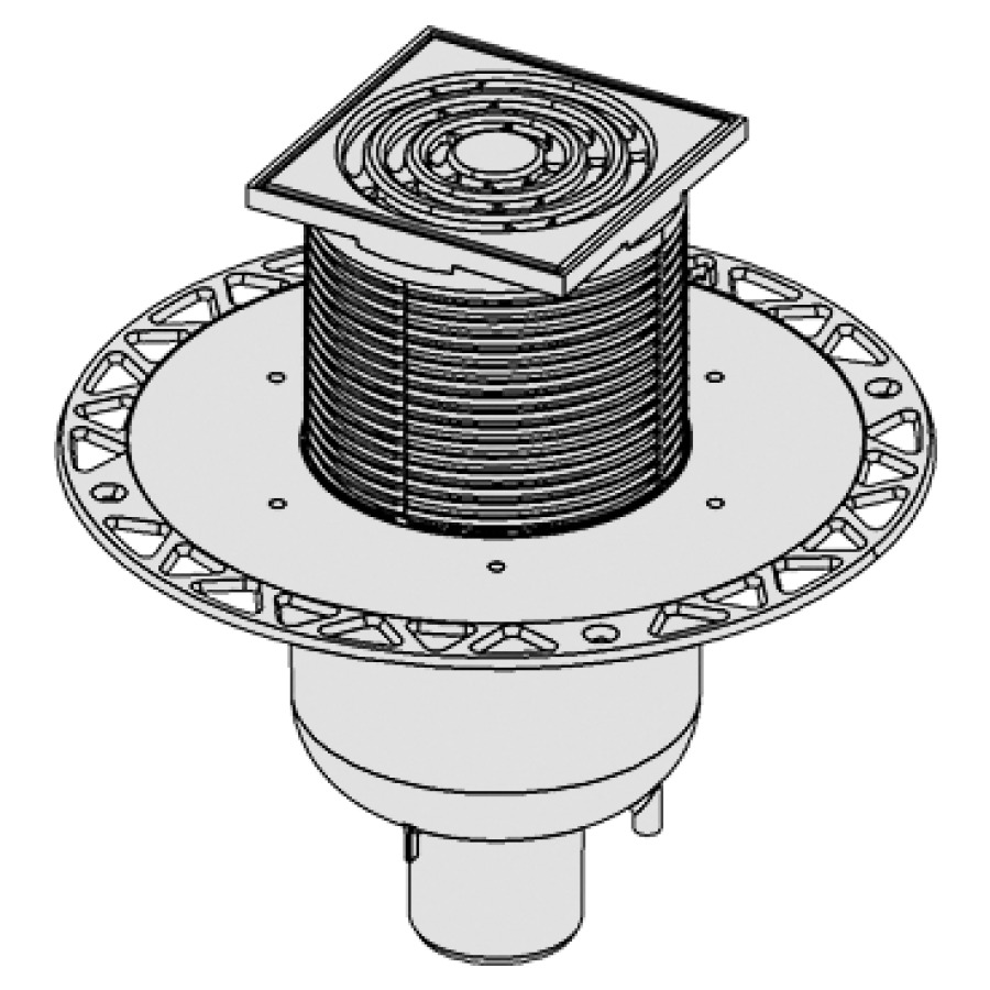 Scarico pavimento Procasa Uno uscita D 50 mm verticale flangia universale per sigillo a strato sottile (a strisce) o raccordo flangia di chiusura griglia standard in acciaio inossidabile 105 x 105 mm portata massima di 300 kg