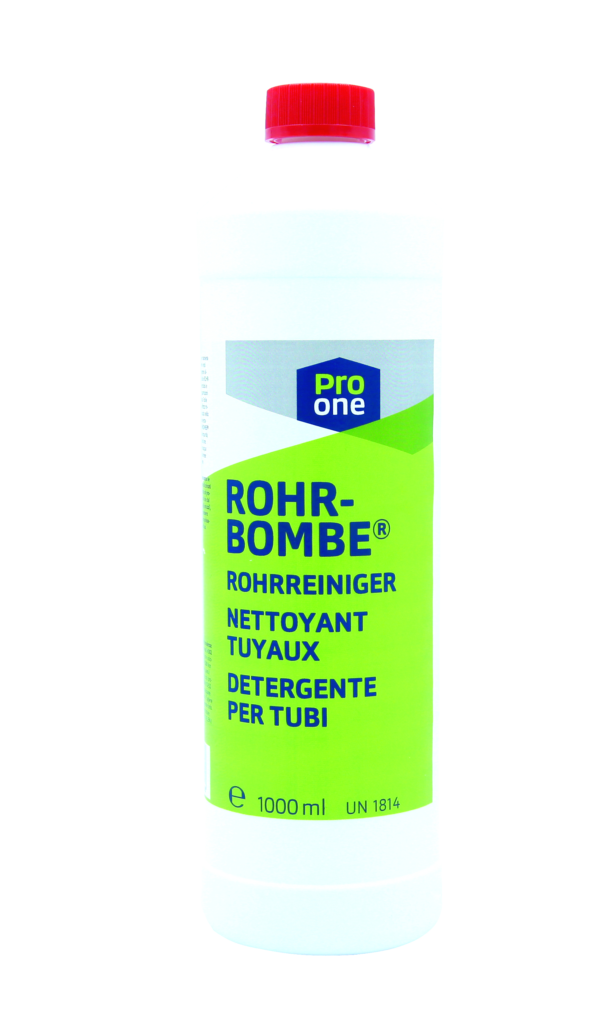 Rohr-Bombe ProOne detergente per tubi è un pulitori di tubo privo di acidi per la rimozione di sostanze organiche come capelli, carne, grasso verdure e altri residui di cibo in pochi minuti, 1 litro UN 1814 soluzione idrossido di potassio