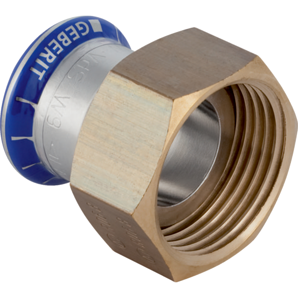 Raccord Geberit Mapress acier inoxydable avec écrou de serrage: d15mm G1 1/4"
Traits:
- Indicateur de sertissage
- Manchon à sertir avec bouchon de protection transparent
- Écrou de serrage en laiton
- Joint d'étanchéité plat en EPDM
- Non serti non étanche
- Joint d'étanchéité en CIIR noir
Usage:
- Pour gaz industriels (p. ex. acétylène, gaz de protection en soudage)
- Pour sprinkler (mouillé)
- Pour air comprimé (classe de pureté d'huile 0–3)
- Pour eau traitée
- Pour eau non potable et de processus
- Pour dépression
- Pour eaux grises et noires avec valeur de pH > 6.0
- Pour gaz inertes (p. ex. azote)
- Pour lʼeau de refroidissement et de chauffage sans antigel
- Pour eau potable froide et chaude
- Pour eau d'extinction d'incendie (mouillé)
- Pour les eaux pluviales dont le pH > 6.0
- Pour substances chimiques et fluides techniques
- Convient uniquement pour des filetages d'un diamètre intérieur ≤ di, voir le tableau
- Pour eau d'extinction d'incendie (mouillé/sec, sec)