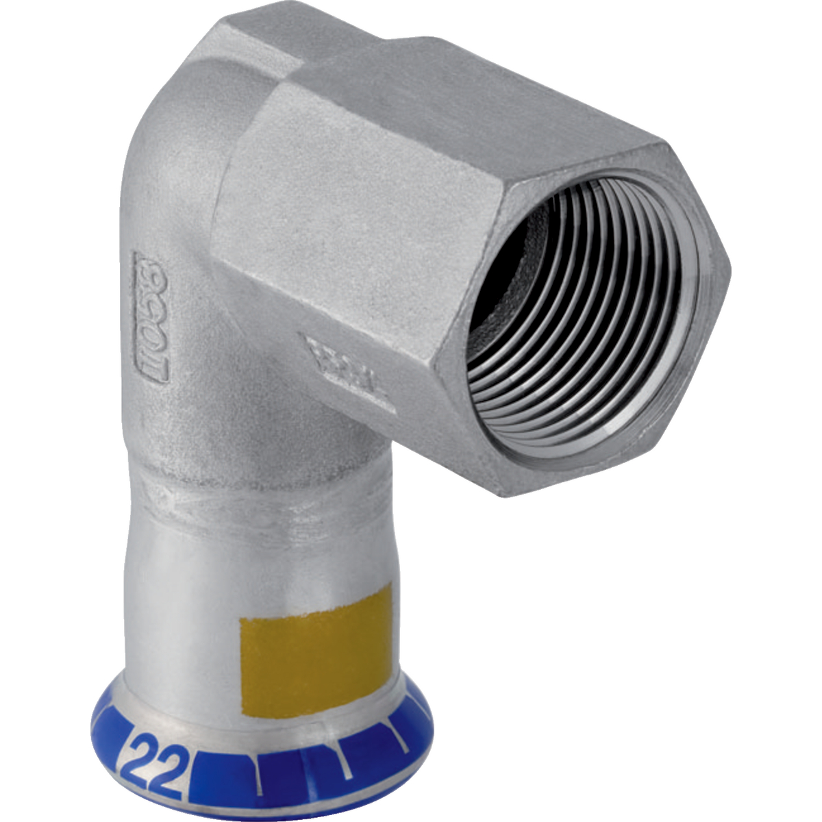 Equerre 90° Geberit Mapress acier inoxydable avec filetage intérieur (gaz): d15mm Rp1/2"
Traits:
- Manchon à sertir avec bouchon de protection jaune
- Marqué en jaune
- Non serti non étanche
- Indicateur de sertissage
- Joint d'étanchéité en HNBR jaune
- Sans silicone
Usage:
- Pour biogaz
- Pour gaz liquéfiés
- Pour gaz naturels