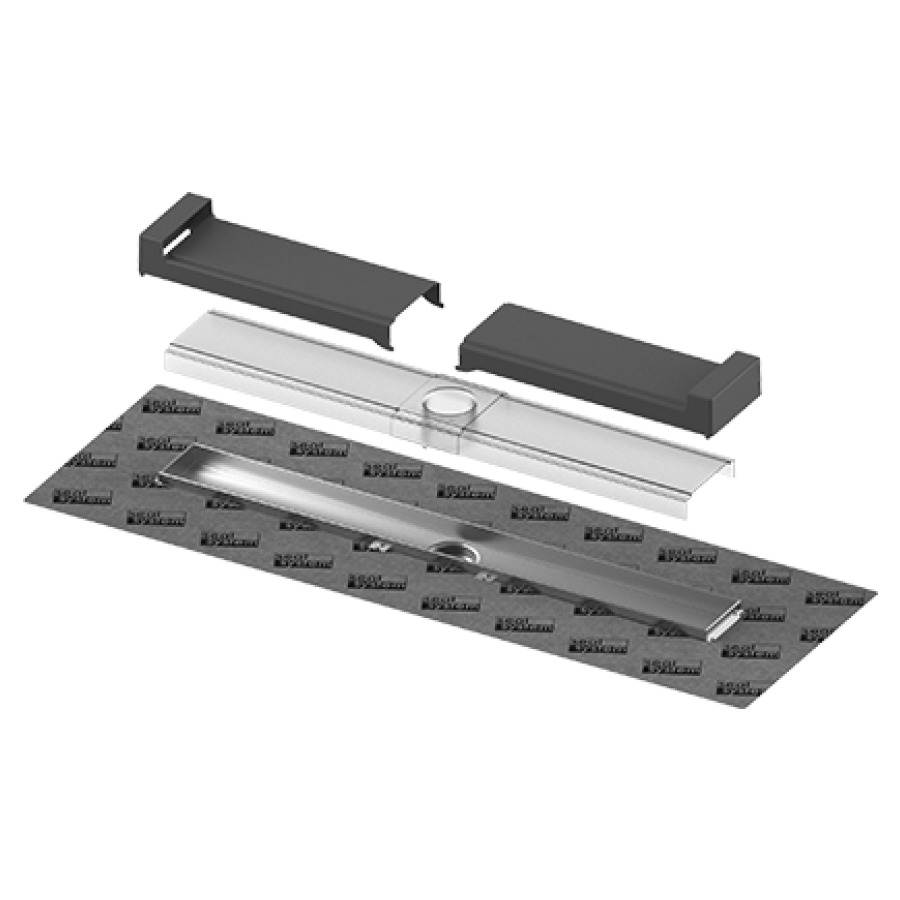 Canale doccia Procasa Cinque EVO, modello spaziale misura costruzione grezza 99,3 cm, misura visibile 95,1 cm, guarnizione manicotto gradiente interno secondo SIA 271 1 Seal System premontato, telaio di protezione, manicotto