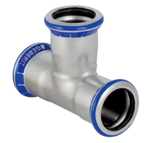 Té égal Geberit Mapress acier inoxydable: d12mm
Traits:
- Non serti non étanche
- Manchon à sertir avec bouchon de protection transparent
- Indicateur de sertissage
- Joint d'étanchéité en CIIR noir
Usage:
- Pour gaz industriels (p. ex. acétylène, gaz de protection en soudage)
- Pour air comprimé (classe de pureté d'huile 0–3)
- Pour eau traitée
- Pour dépression
- Pour eaux grises et noires avec valeur de pH > 6.0
- Pour gaz inertes (p. ex. azote)
- Pour lʼeau de refroidissement et de chauffage sans antigel
- Pour substances chimiques et fluides techniques
- Pour eau d'extinction d'incendie (mouillé)
- Pour eau d'extinction d'incendie (mouillé/sec, sec)
- Pour eau non potable et de processus
- Pour vapeur saturée ≤ 120 °C
- Pour eau potable froide et chaude
- Pour eau de chauffage urbain ≤ 120 °C
- Pour les eaux pluviales dont le pH > 6.0
- Pour sprinkler (mouillé)
- Pour lʼeau de refroidissement et de chauffage avec antigel