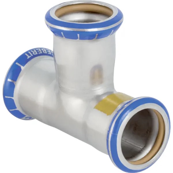 Té égal Geberit Mapress acier inoxydable (gaz): d76.1mm
Traits:
- Manchon à sertir avec bouchon de protection jaune
- Marqué en jaune
- Non serti non étanche
- Indicateur de sertissage
- Joint d'étanchéité en HNBR jaune
- Sans silicone
Usage:
- Pour biogaz
- Pour gaz liquéfiés
- Pour gaz naturels