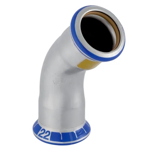 Coude Geberit Mapress acier inoxydable (gaz): 45° d108mm
Traits:
- Manchon à sertir avec bouchon de protection jaune
- Marqué en jaune
- Non serti non étanche
- Indicateur de sertissage
- Joint d'étanchéité en HNBR jaune
- Sans silicone
Usage:
- Pour biogaz
- Pour gaz liquéfiés
- Pour gaz naturels